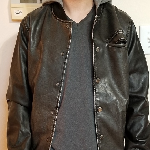 "Distressed" Black Faux Leather Jacket - Picture 2 of 7